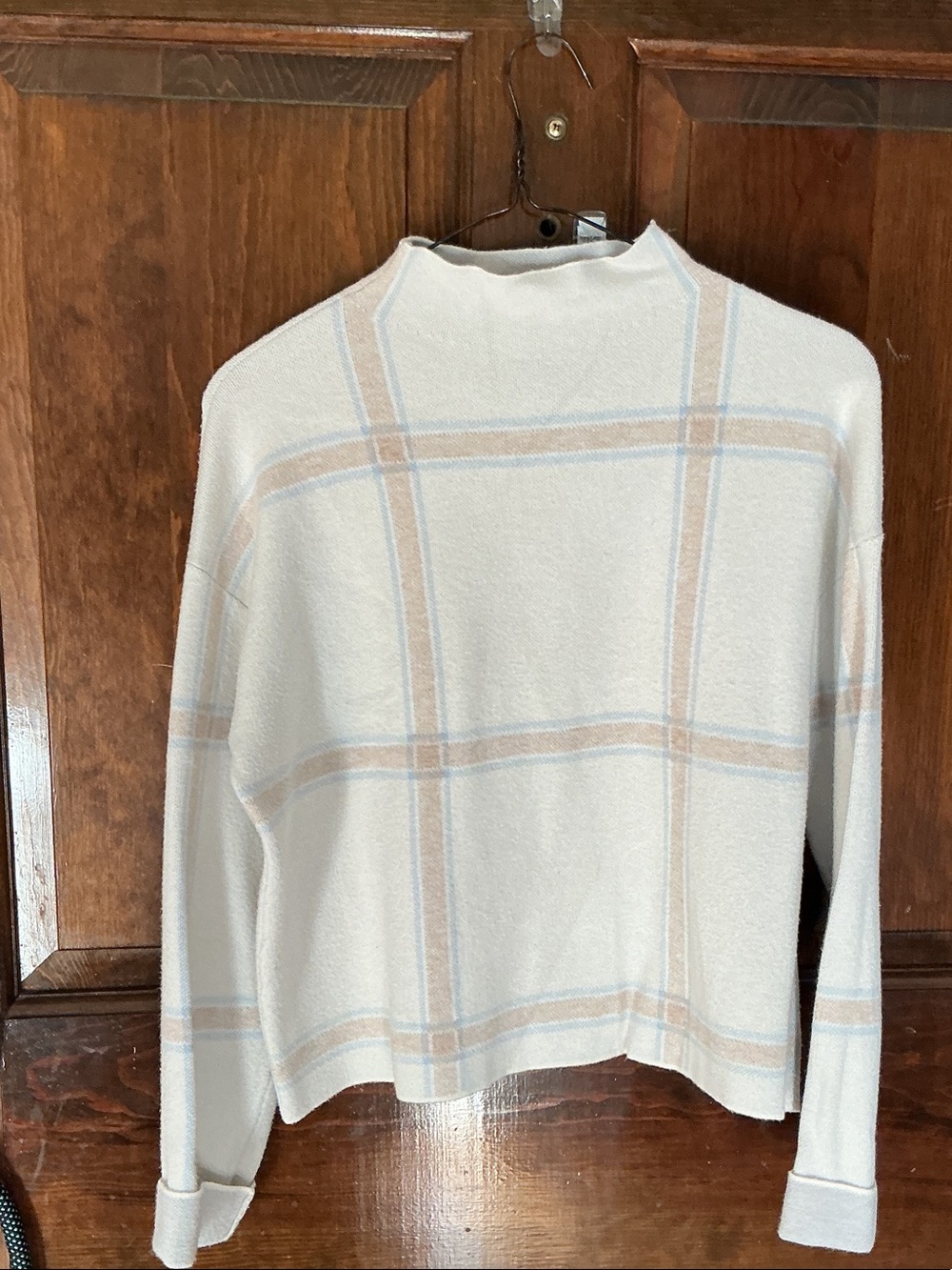 Tahari Cream Plaid Cowl Neck Sweater with Light Blue & Tan Stripes